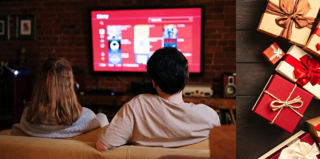 Family watching movies, Christmas